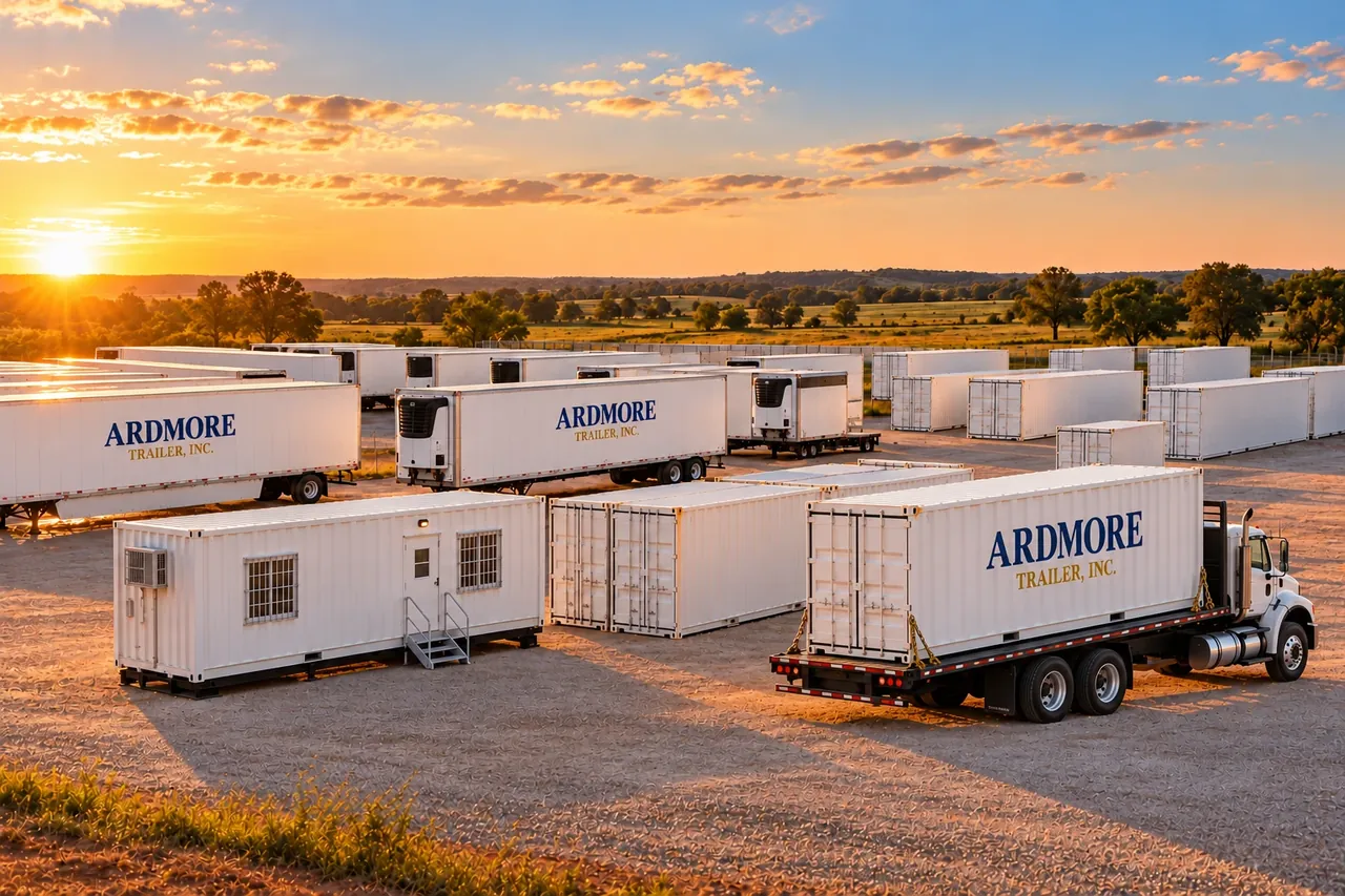 Ardmore Trailer, Inc. equipment yard in Southern Oklahoma at sunset with storage trailers, refrigerated trailers, containers, an office trailer and a delivery truck