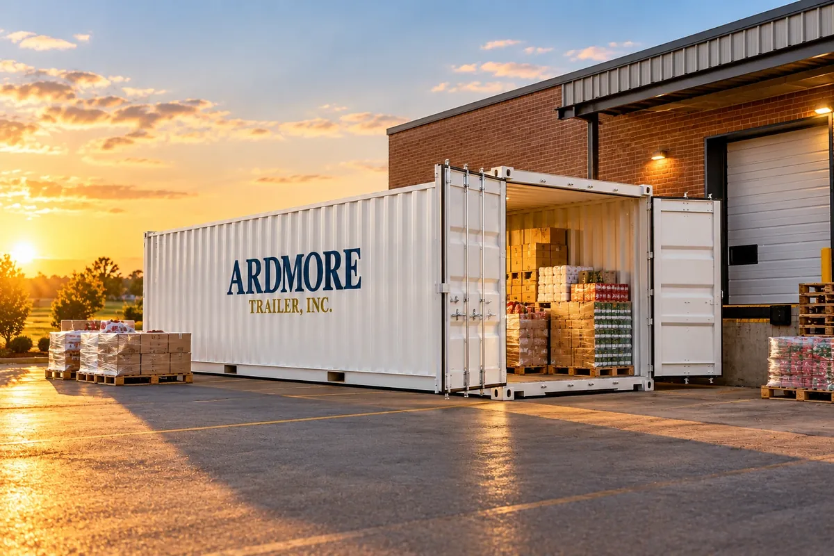 White Ardmore Trailer storage container at a business loading dock, filled with pallets of seasonal stock