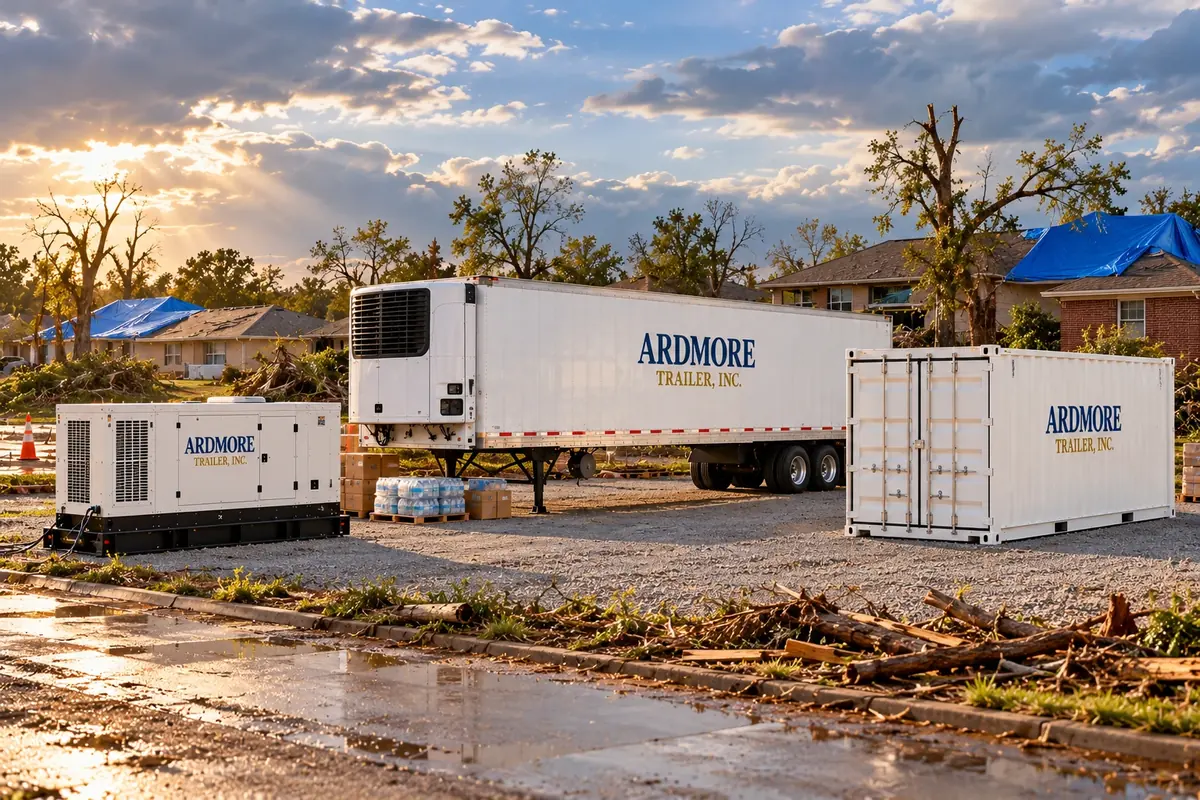 White Ardmore Trailer generator, refrigerated trailer and storage container set up as a relief point in a storm-damaged Oklahoma neighborhood