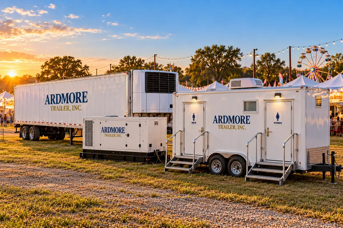 White Ardmore Trailer refrigerated trailer, generator and air-conditioned restroom trailer at an Oklahoma county fair at sunset