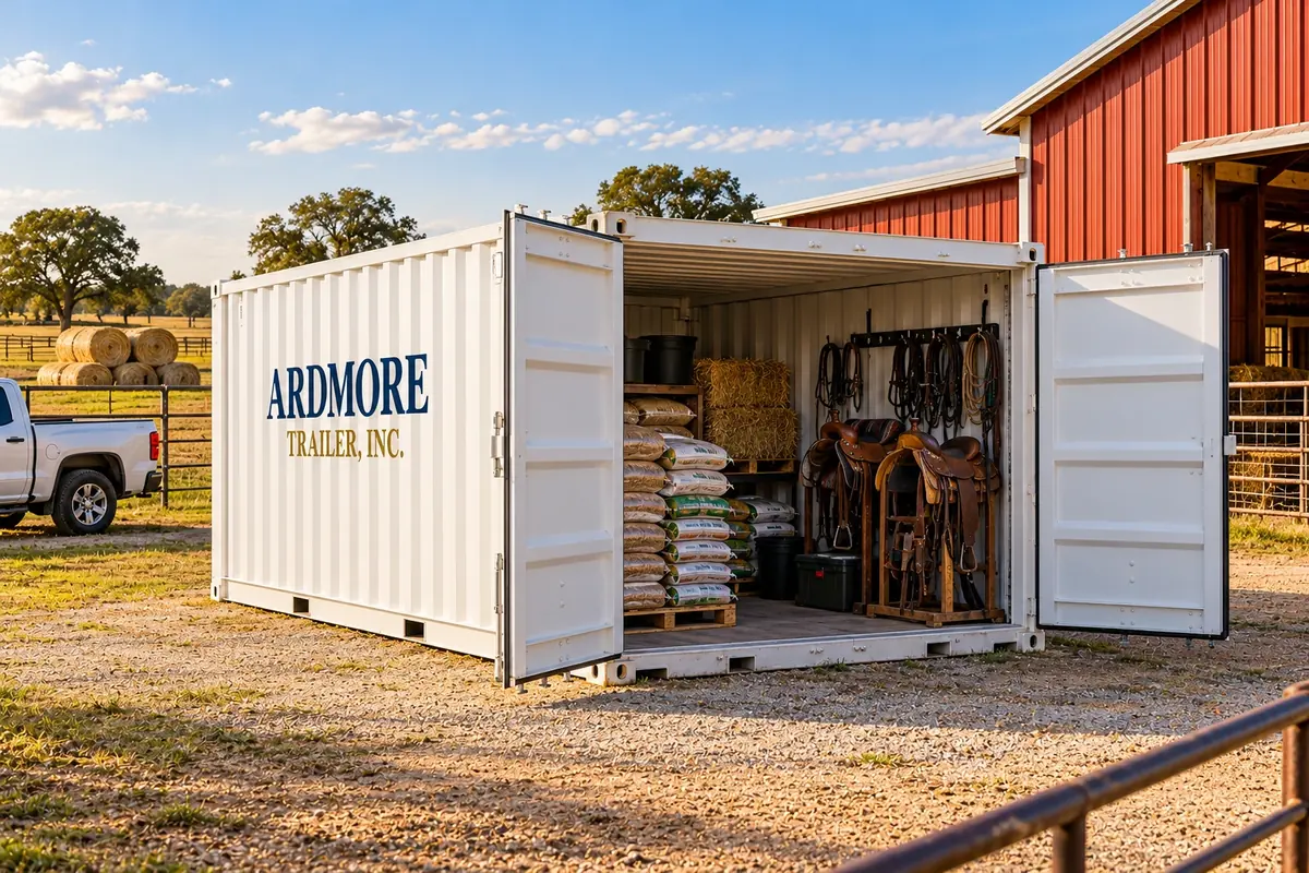 White Ardmore Trailer storage container at a ranch barn, doors open with feed bags, hay and saddles inside