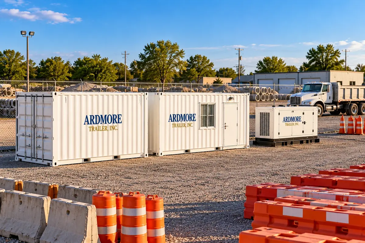 White Ardmore Trailer storage container, office container and generator in a city public works yard with road barriers and a dump truck