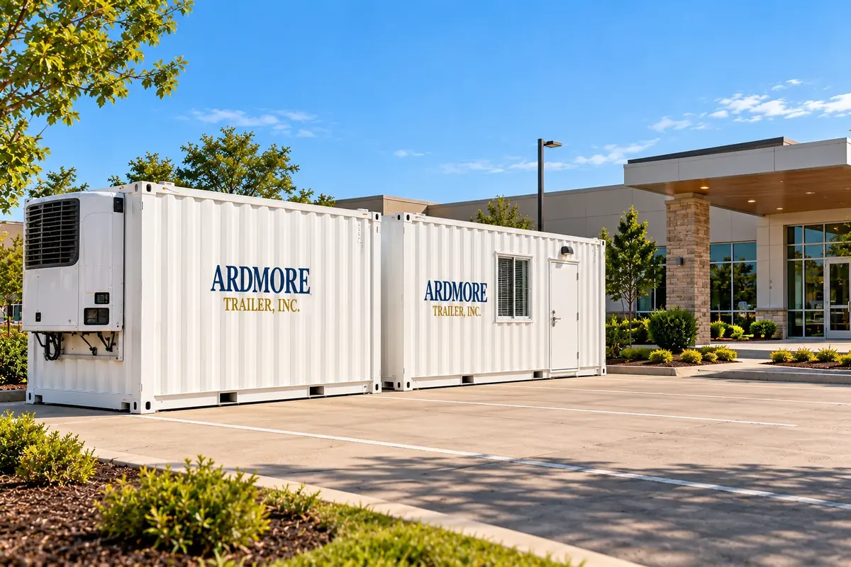 White Ardmore Trailer refrigerated container and ground-level office container beside a modern medical clinic