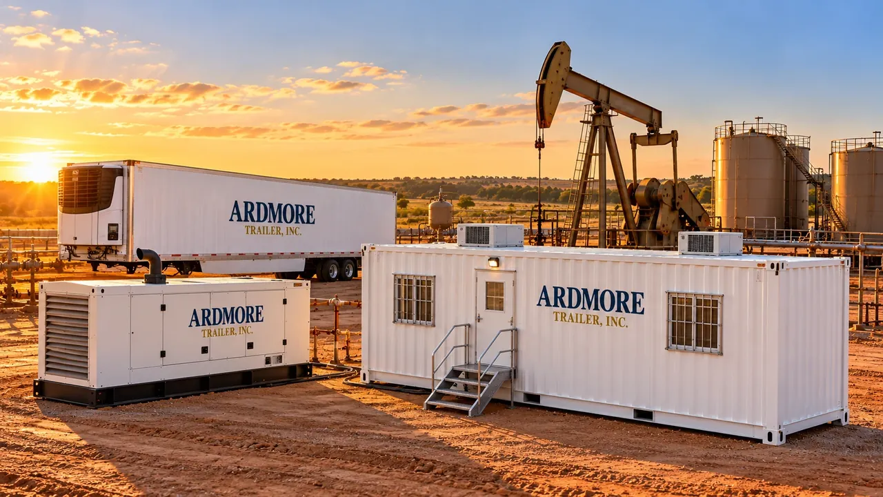 Ardmore Trailer mud lab, generator and refrigerated trailer at an Oklahoma oilfield site