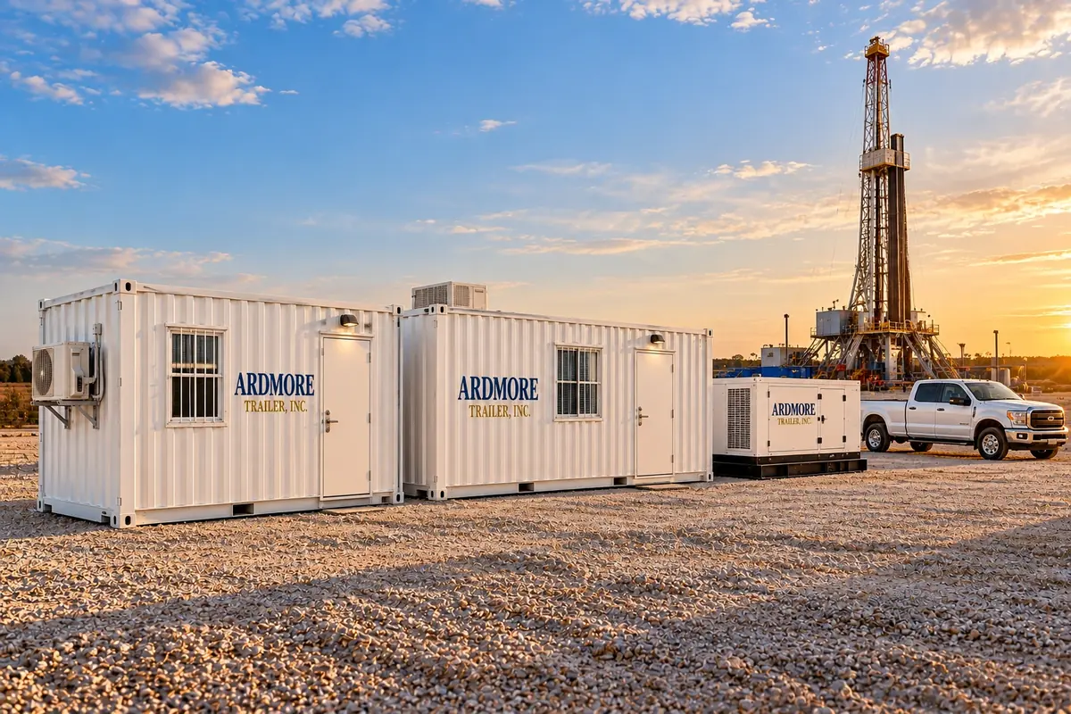 White Ardmore Trailer mud lab and office containers with a generator on a gravel drilling pad, drilling rig at sunset behind