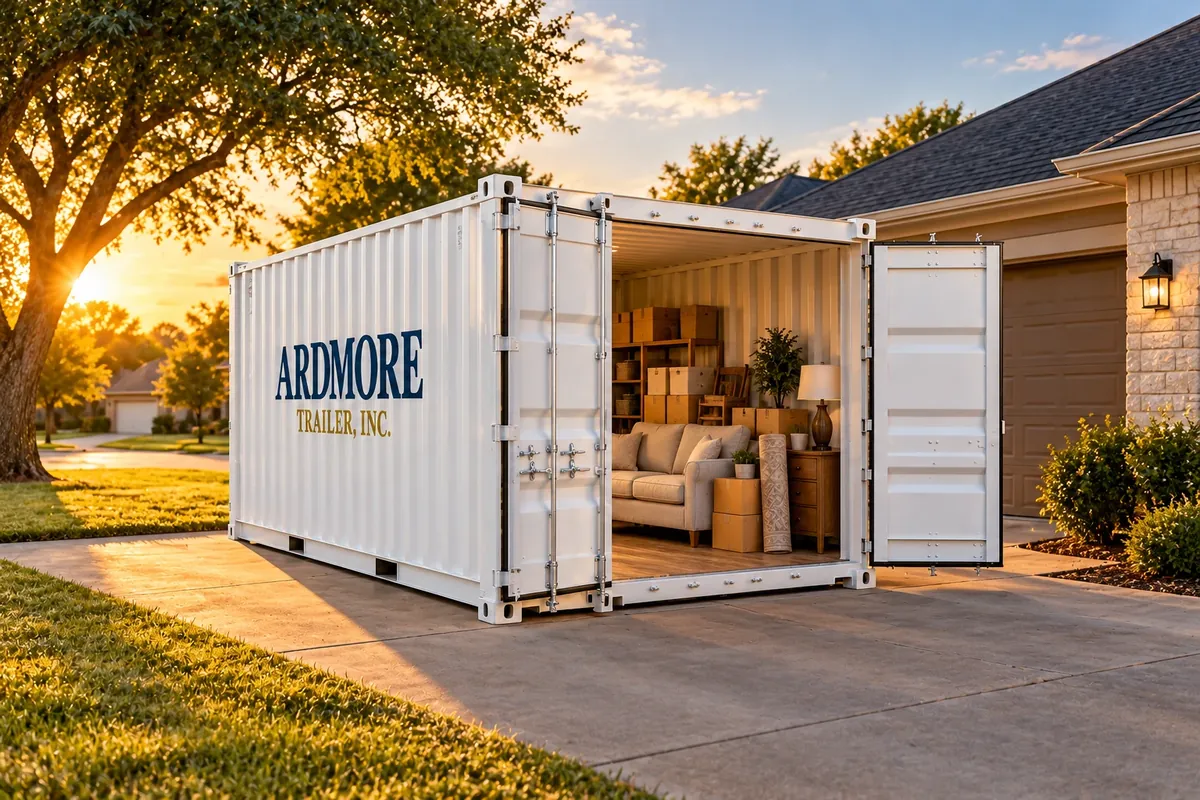 White Ardmore Trailer storage container on a home driveway holding furniture and moving boxes