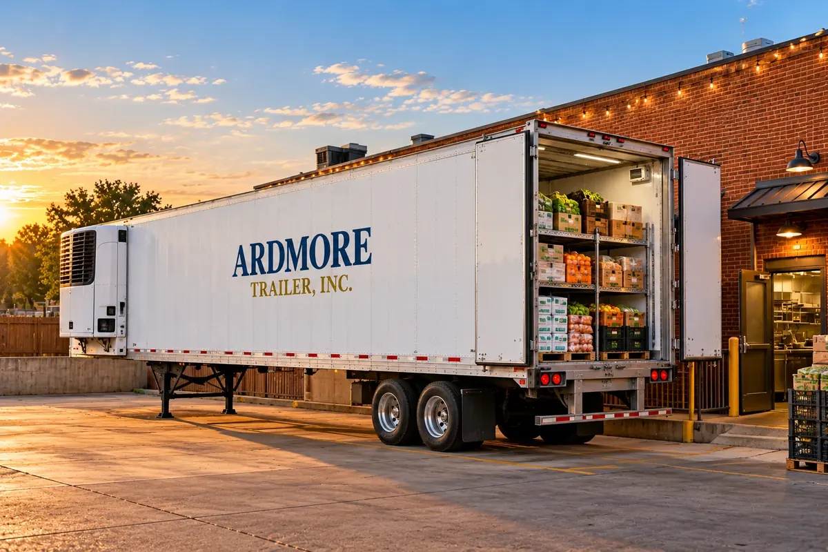 White Ardmore Trailer refrigerated trailer behind a brick restaurant, doors open with shelves of fresh produce