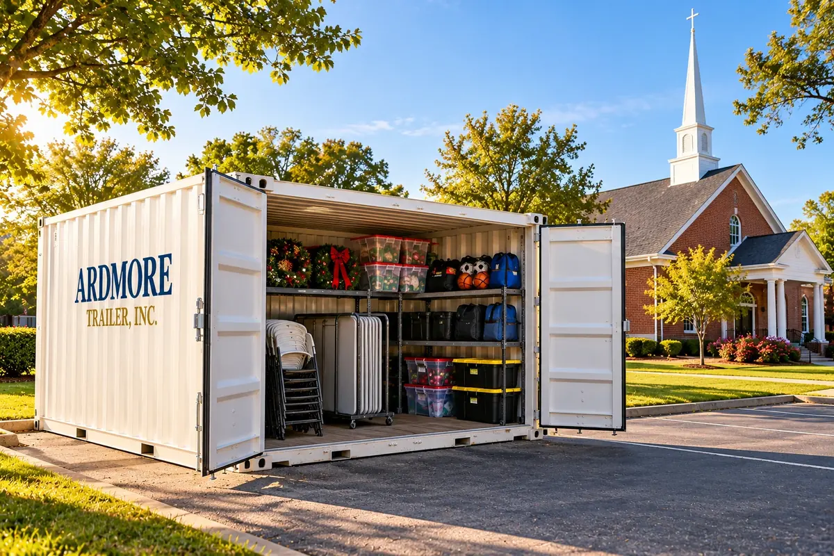 White Ardmore Trailer storage container in a church parking lot, doors open with folding chairs, holiday decorations and sports gear inside