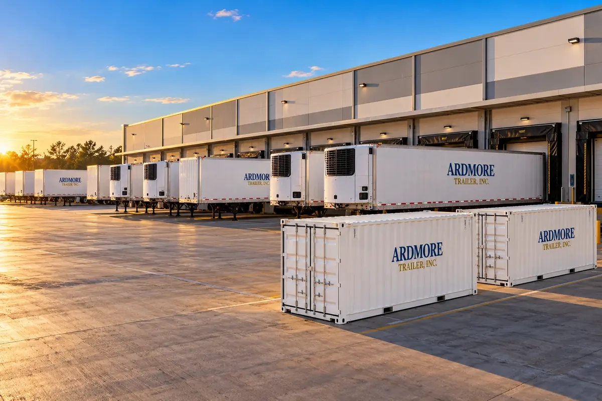 White Ardmore Trailer refrigerated and dry trailers backed into warehouse loading docks, with storage containers on the lot